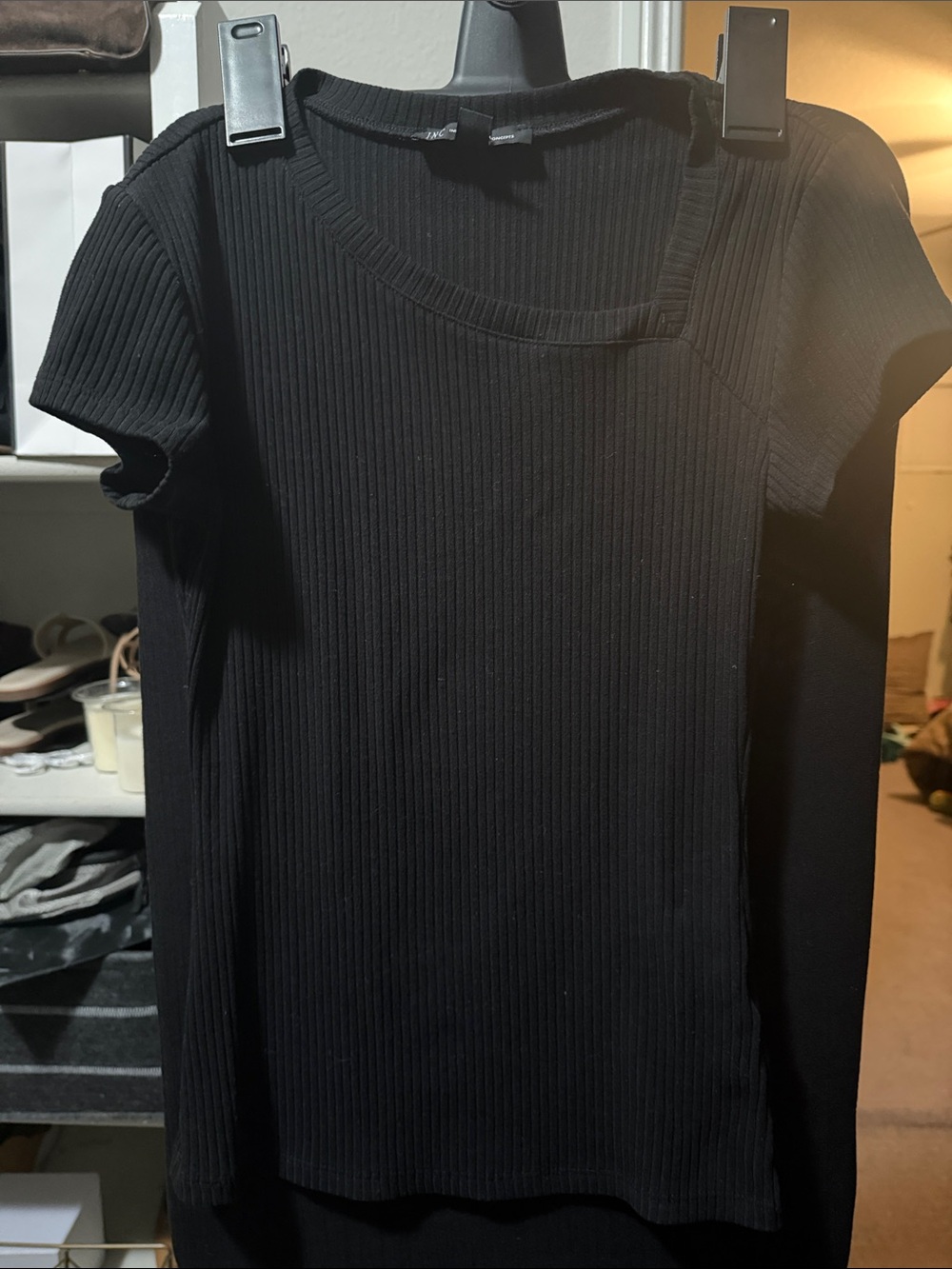 Inc Ribbed Short Sleeve Black Top